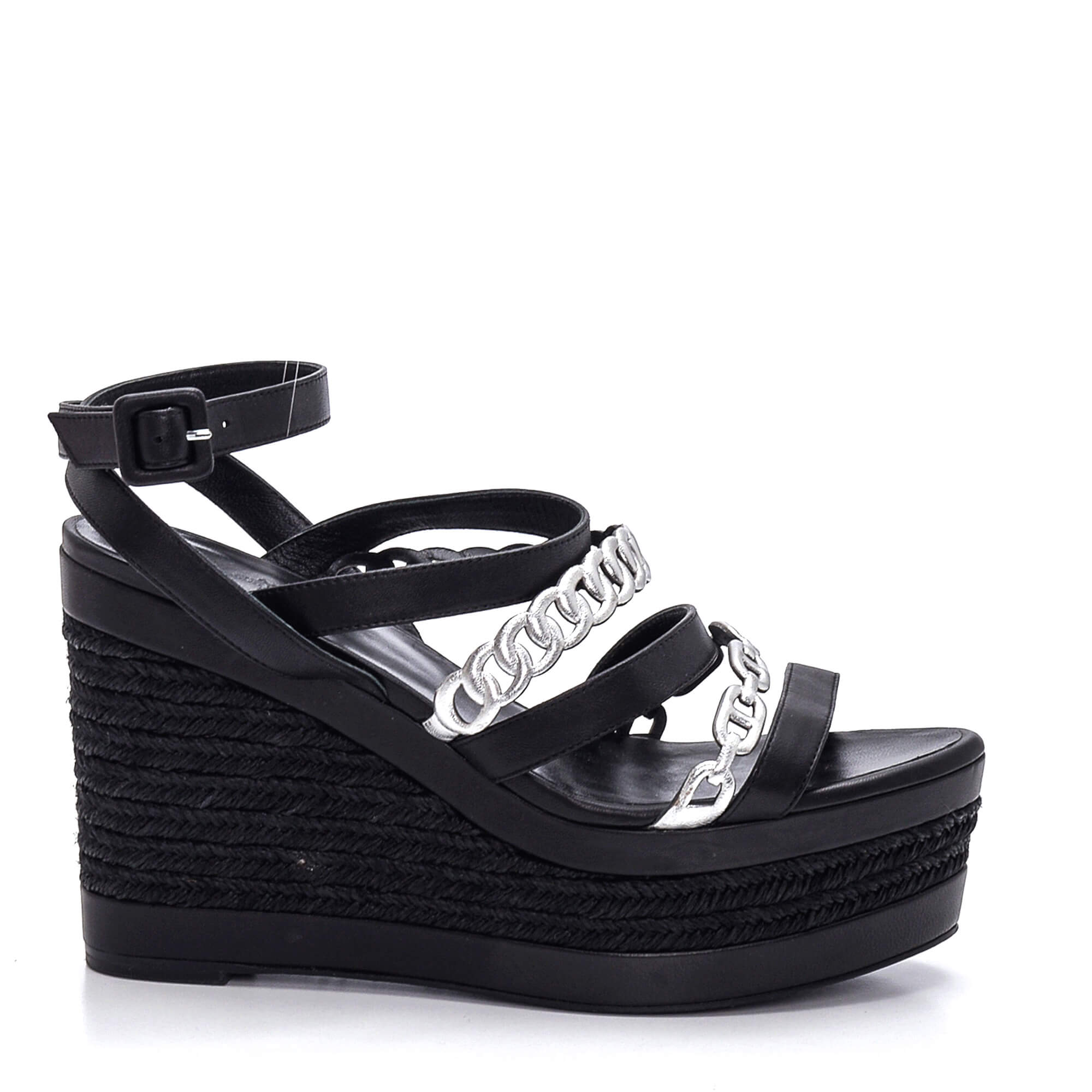 Hermes - Black / Silver Leather Chain Wedge Espadrilles 